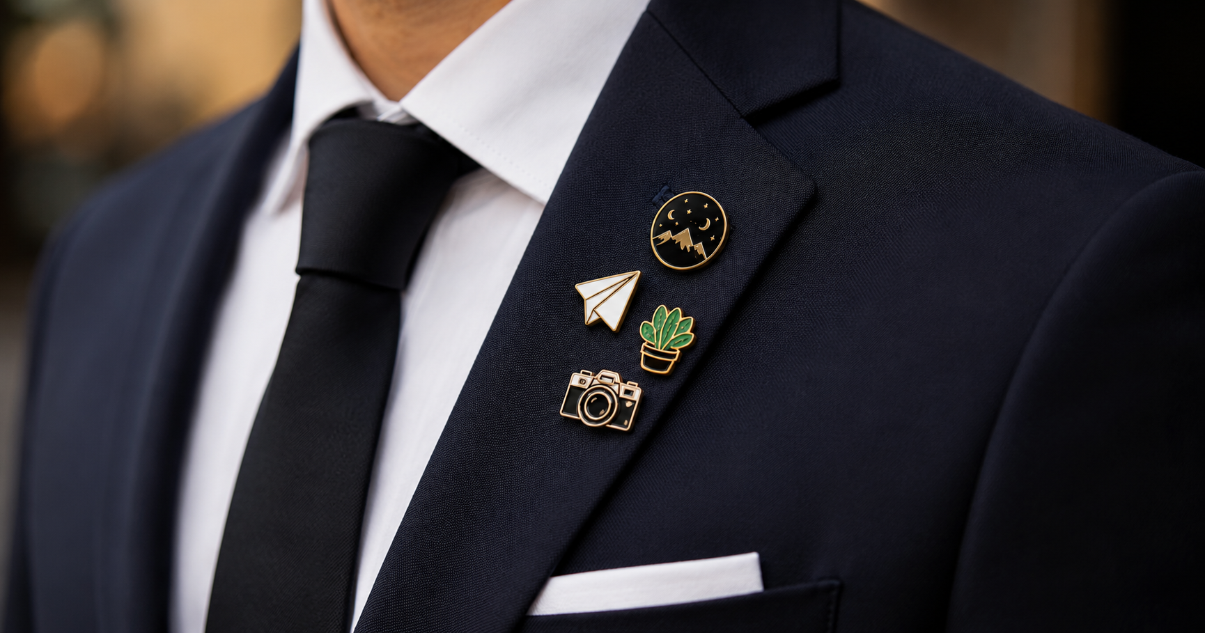 Pin's personnalisés pour entreprise portés sur une veste de costume